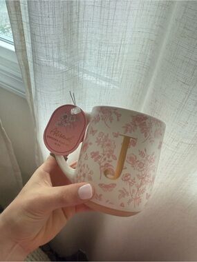 Letter ‘J’ Muji Ceramic Mug with Pink Floral Accents